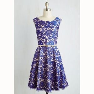 Eliza J Blue Lace Overlay Fit-and-Flare Dress